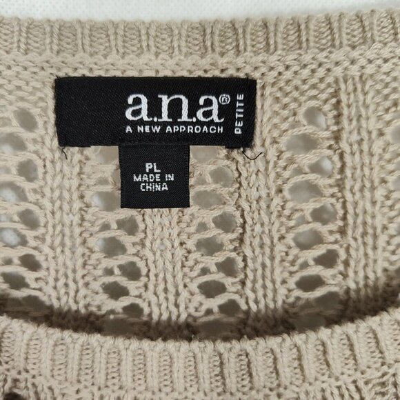 ANA Open Knit Sweater Cotton/Acrylic Women Petite Size PL Tan/Brown Long Sleeve - Picture 4 of 6